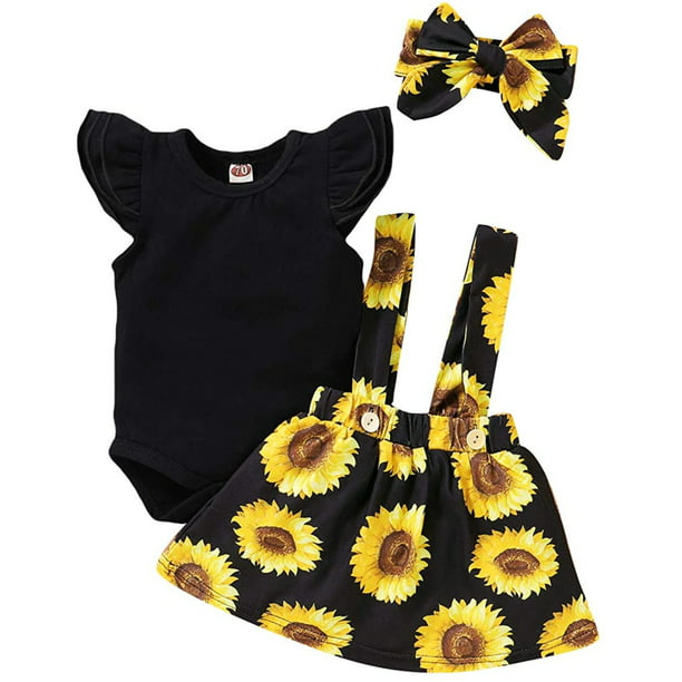 Infant Baby Girls Sunflower Clothe Ruffled Letter Top Skirt Headband Outfits